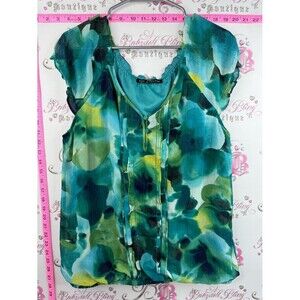 Zac & Rachel T-shirt blouse Teal and Green Floral Chiffon Cap-Sleeve Blouse